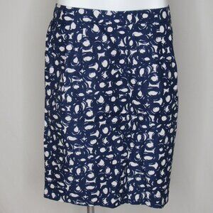 Boden Blue White Linen Blend Circle Print Straight Skirt 23" Women's 12 L